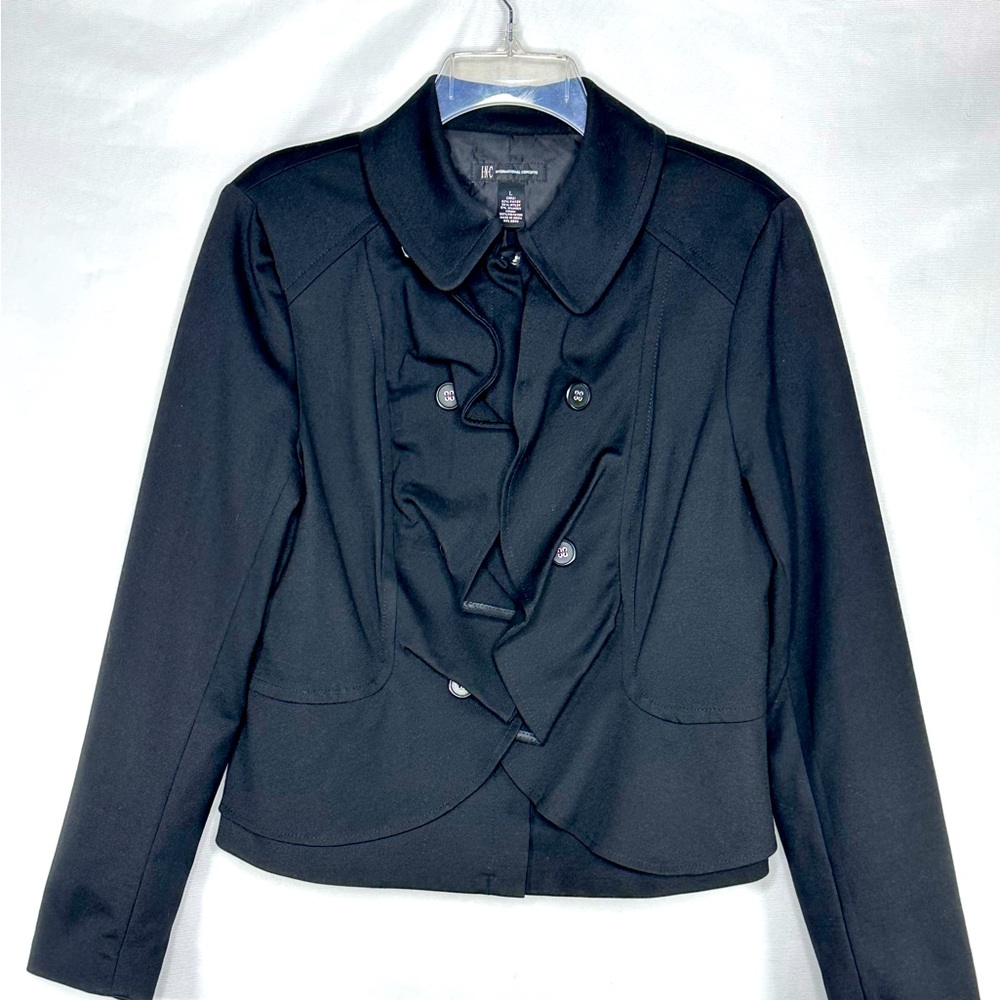 INC International Concepts Black Blazer Jacket Ruffle Front‎ Zip Whimsigoth Sz L